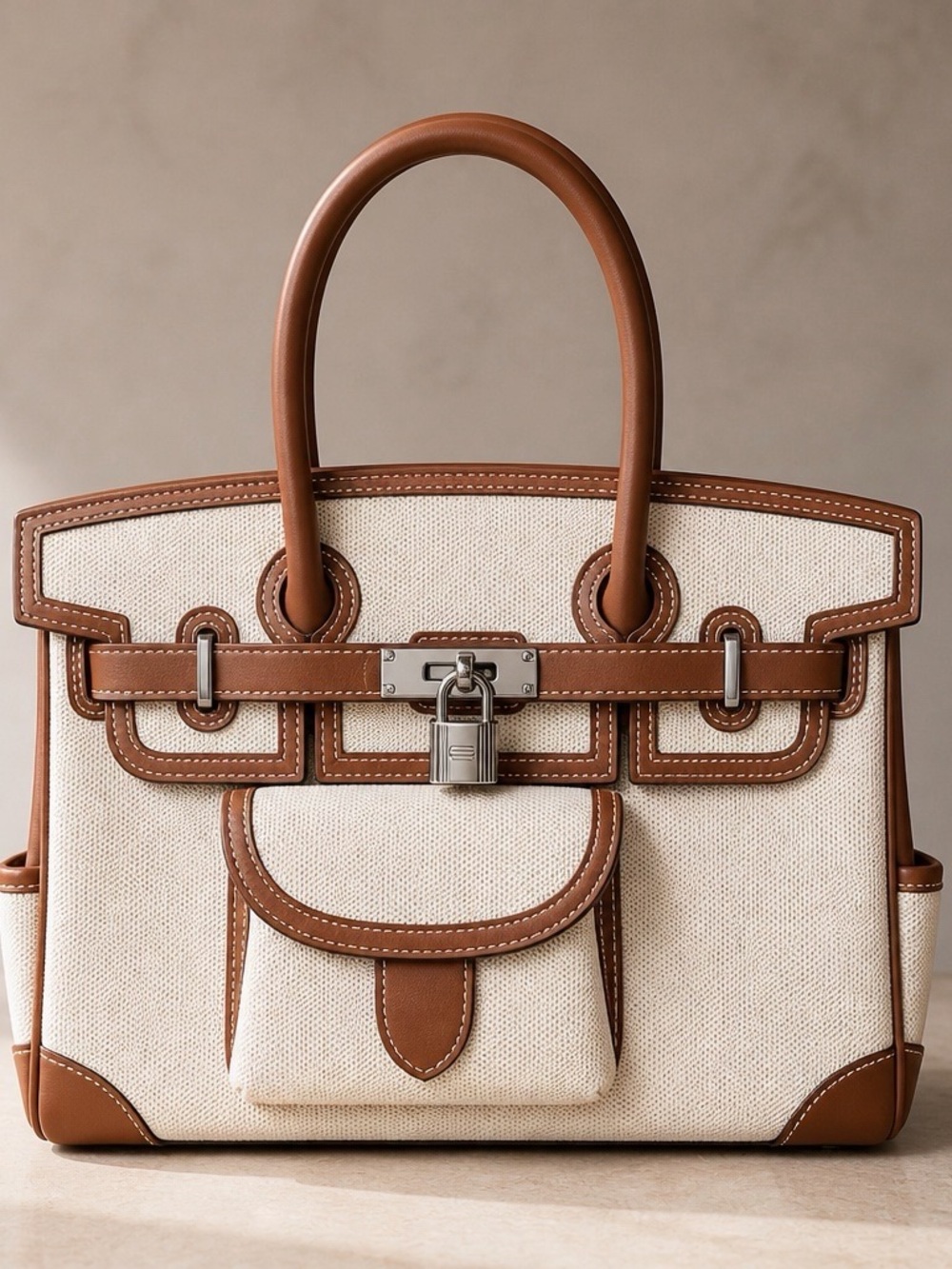 Classic Brown Canvas Cargo Tote Bag with 100% Genuine Leather Trim